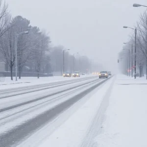 Snow covered street during winter storm in Hampton Roads