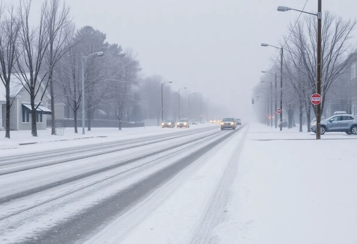 Snow covered street during winter storm in Hampton Roads