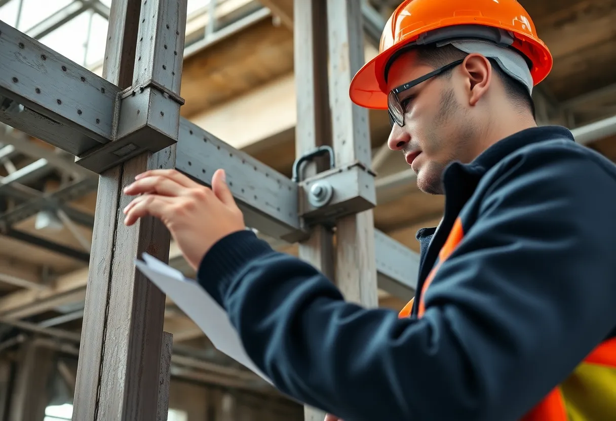 Engineer evaluating structural connections on a construction site