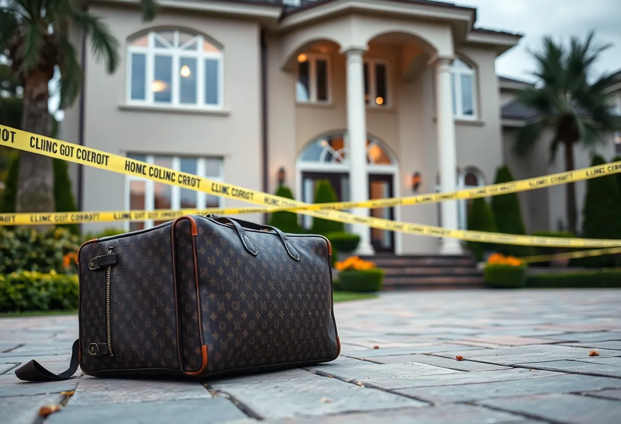 Scene of a burglary at a luxury home with police tape