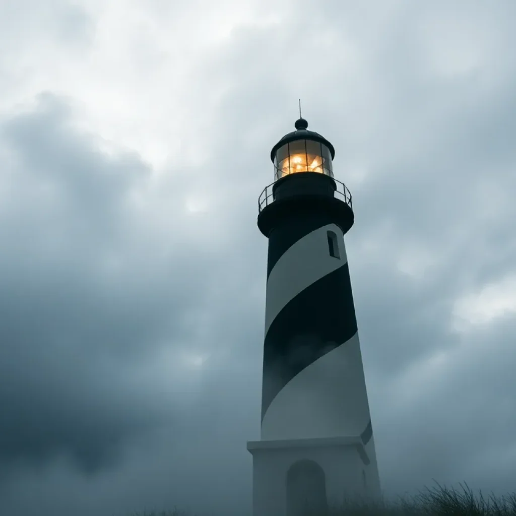 Cape Hatteras Lighthouse surrounded by mist and clouds, creating a mysterious atmosphere.