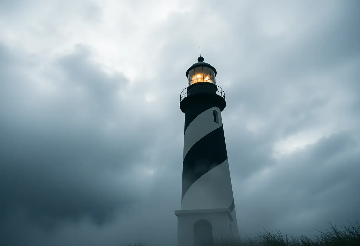 Cape Hatteras Lighthouse surrounded by mist and clouds, creating a mysterious atmosphere.