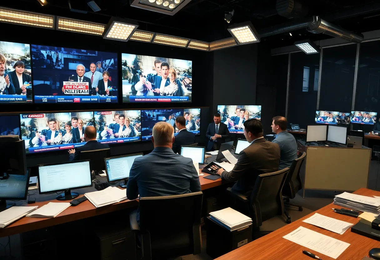 Journalists in a newsroom discussing legal issues related to media