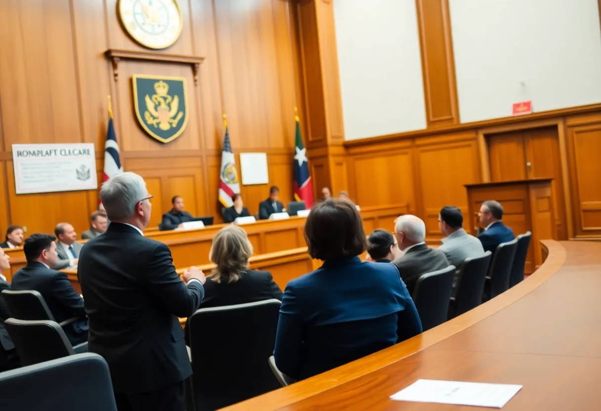 Courtroom scene illustrating legal challenge to foreign aid policies