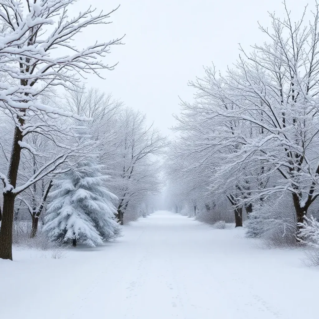 Winter wonderland in Dare County, Outer Banks with snow-covered trees.