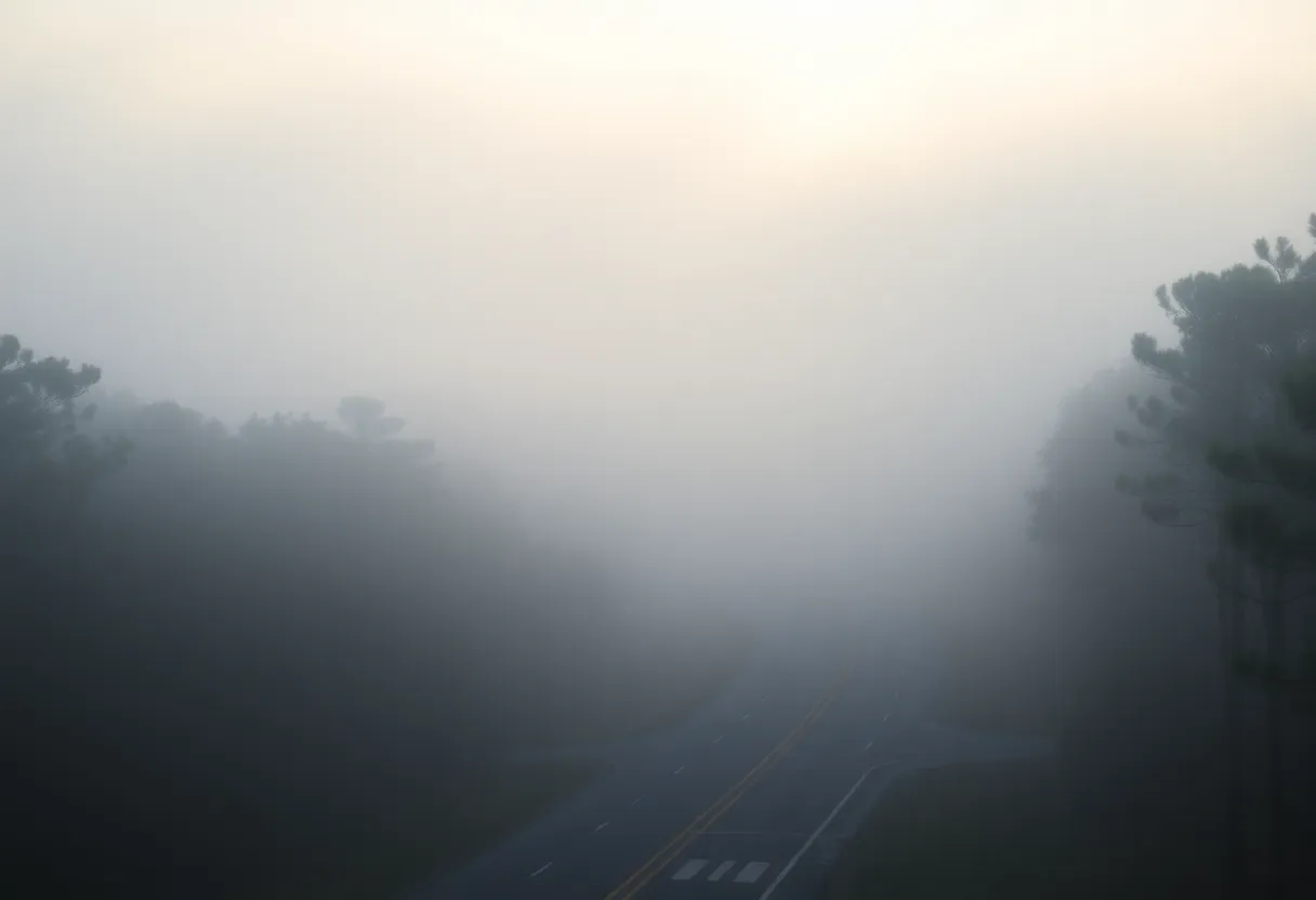 Fog enveloping the roads and trees in the Outer Banks