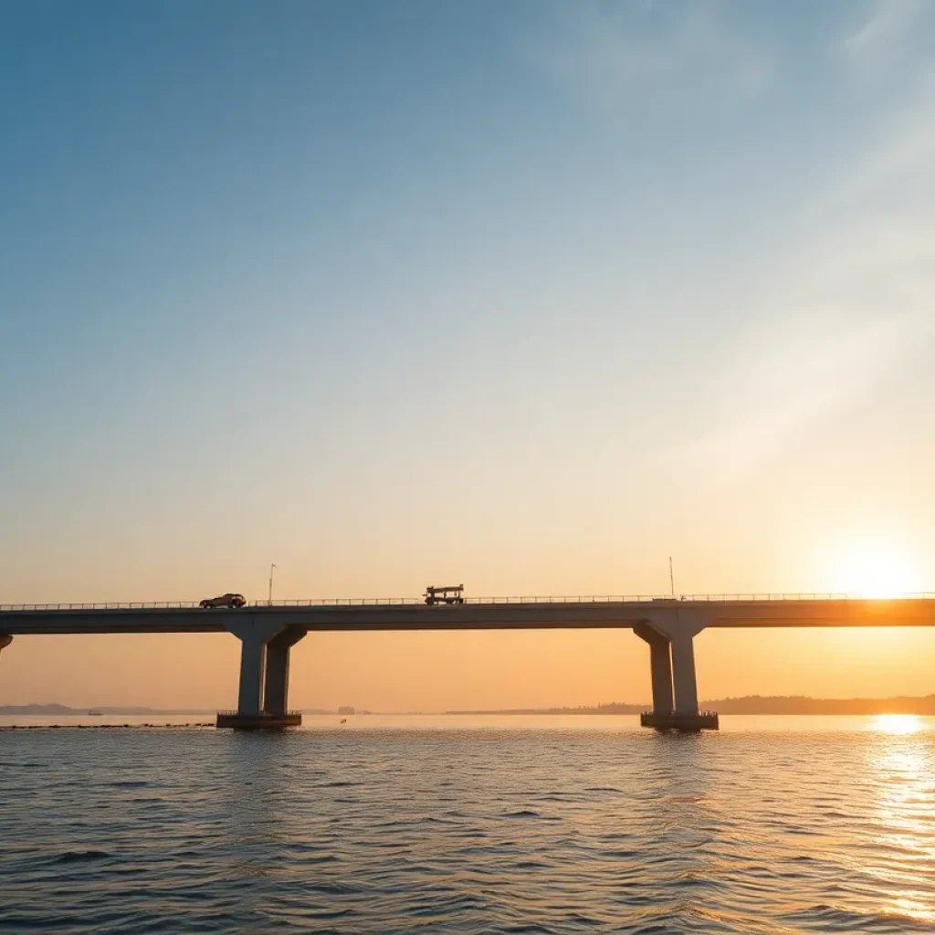 The new Lindsay C. Warren Bridge under construction over the water.