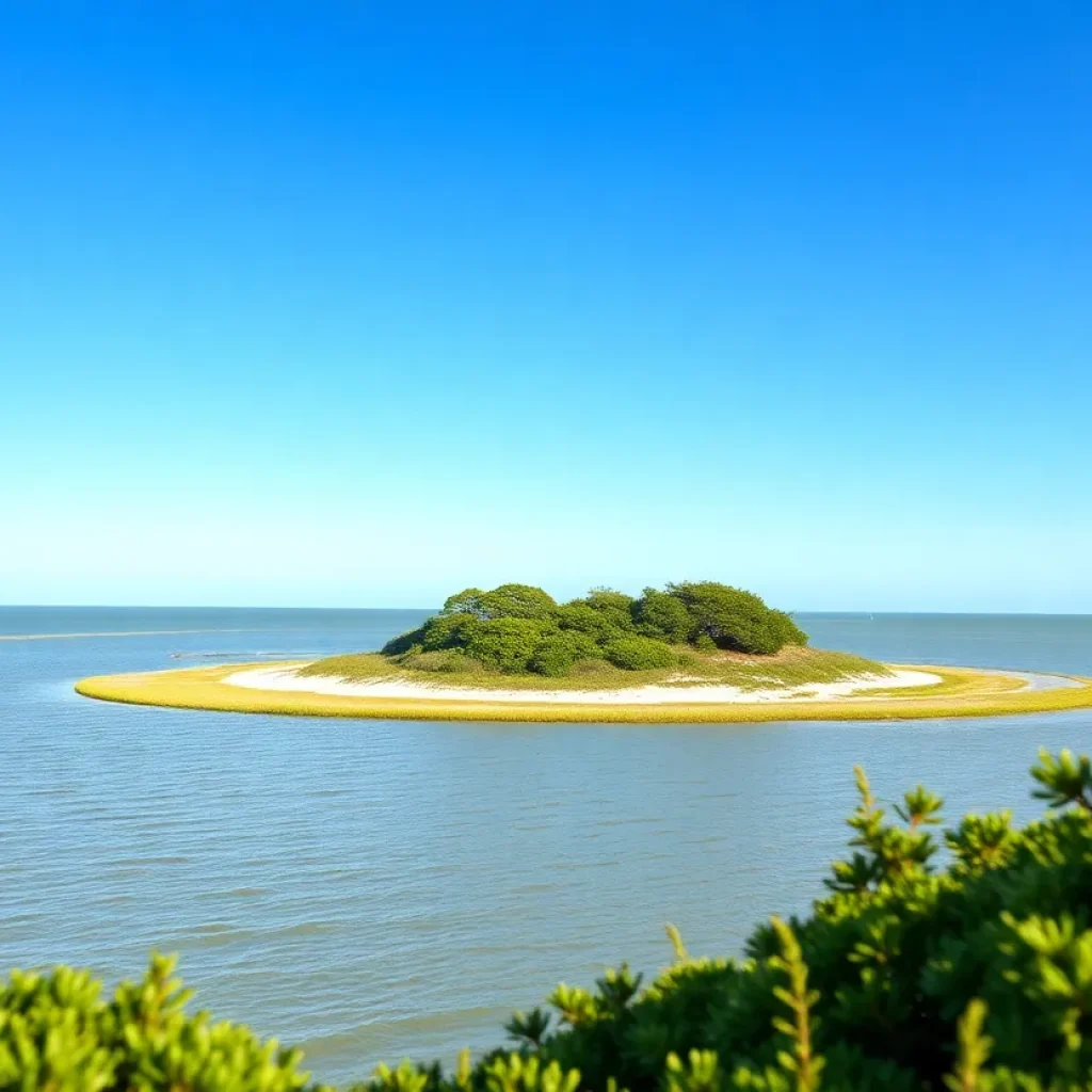 A tiny island in the Outer Banks, surrounded by clear water and greenery.