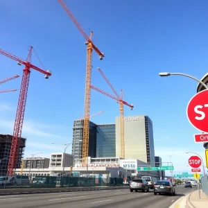 Construction site of the Norfolk Casino with visible traffic changes.