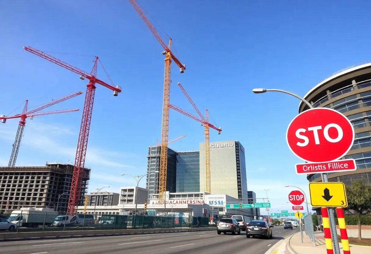 Construction site of the Norfolk Casino with visible traffic changes.