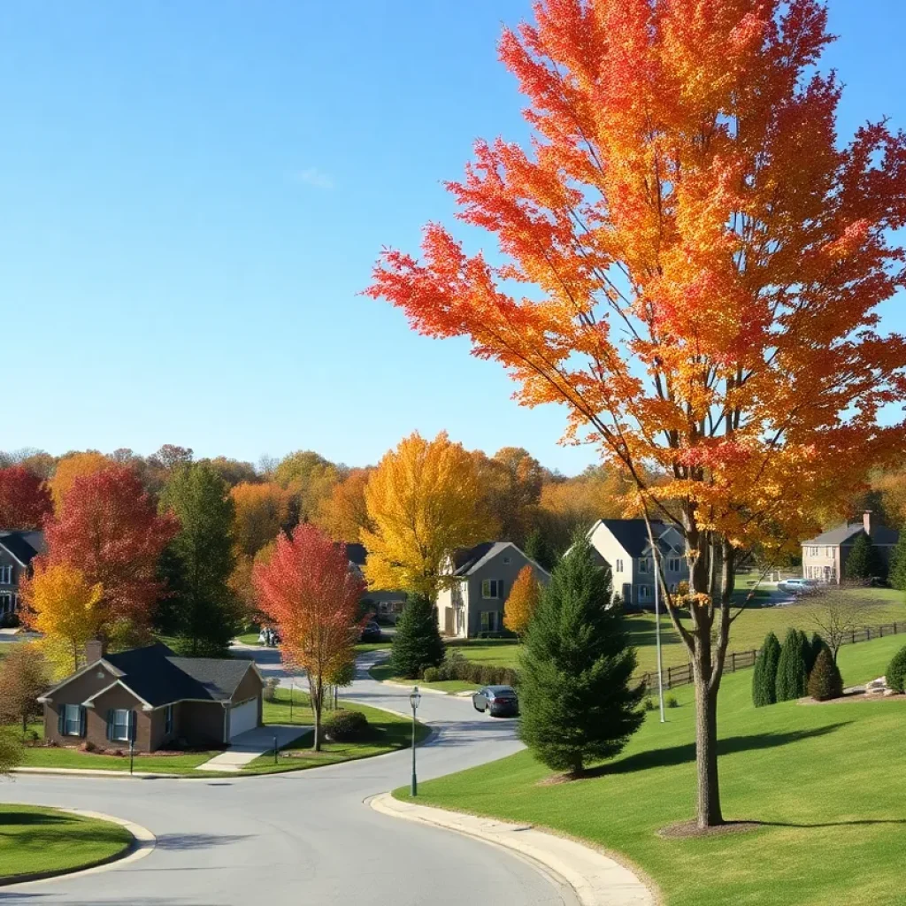 Scenic suburban view of North Carolina with autumn foliage