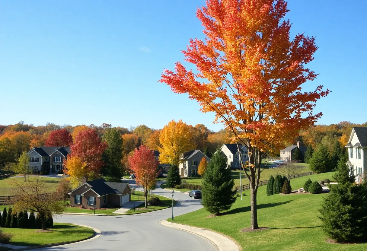 Scenic suburban view of North Carolina with autumn foliage