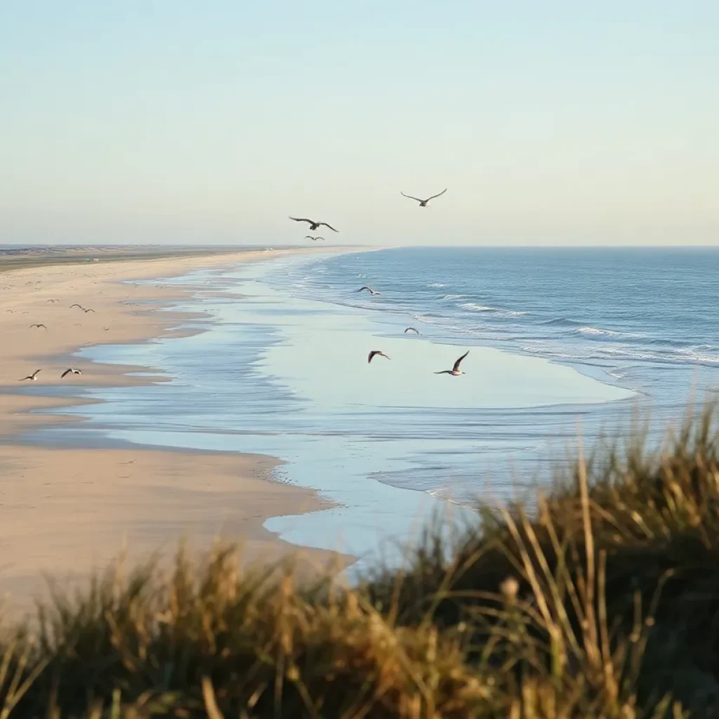 Coastal view of Outer Banks with birds flying