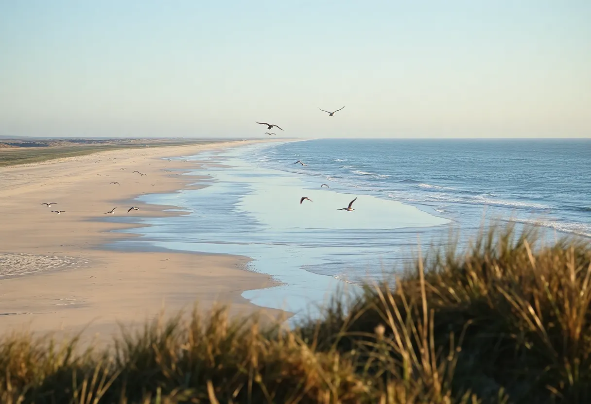 Coastal view of Outer Banks with birds flying