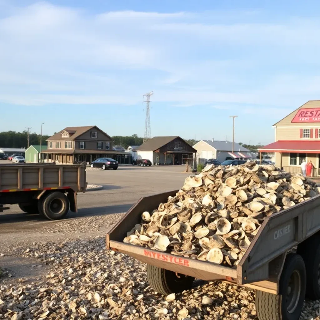 Dump trailer collecting oyster shells along the North Carolina coast