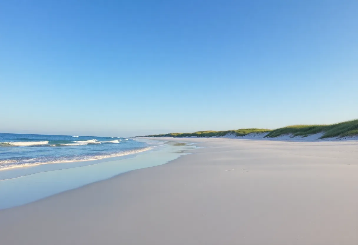 A peaceful beach at Pawleys Island with soft sands and calm waters.