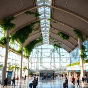 Interior view of the modernized Pittsburgh International Airport terminal with natural light.