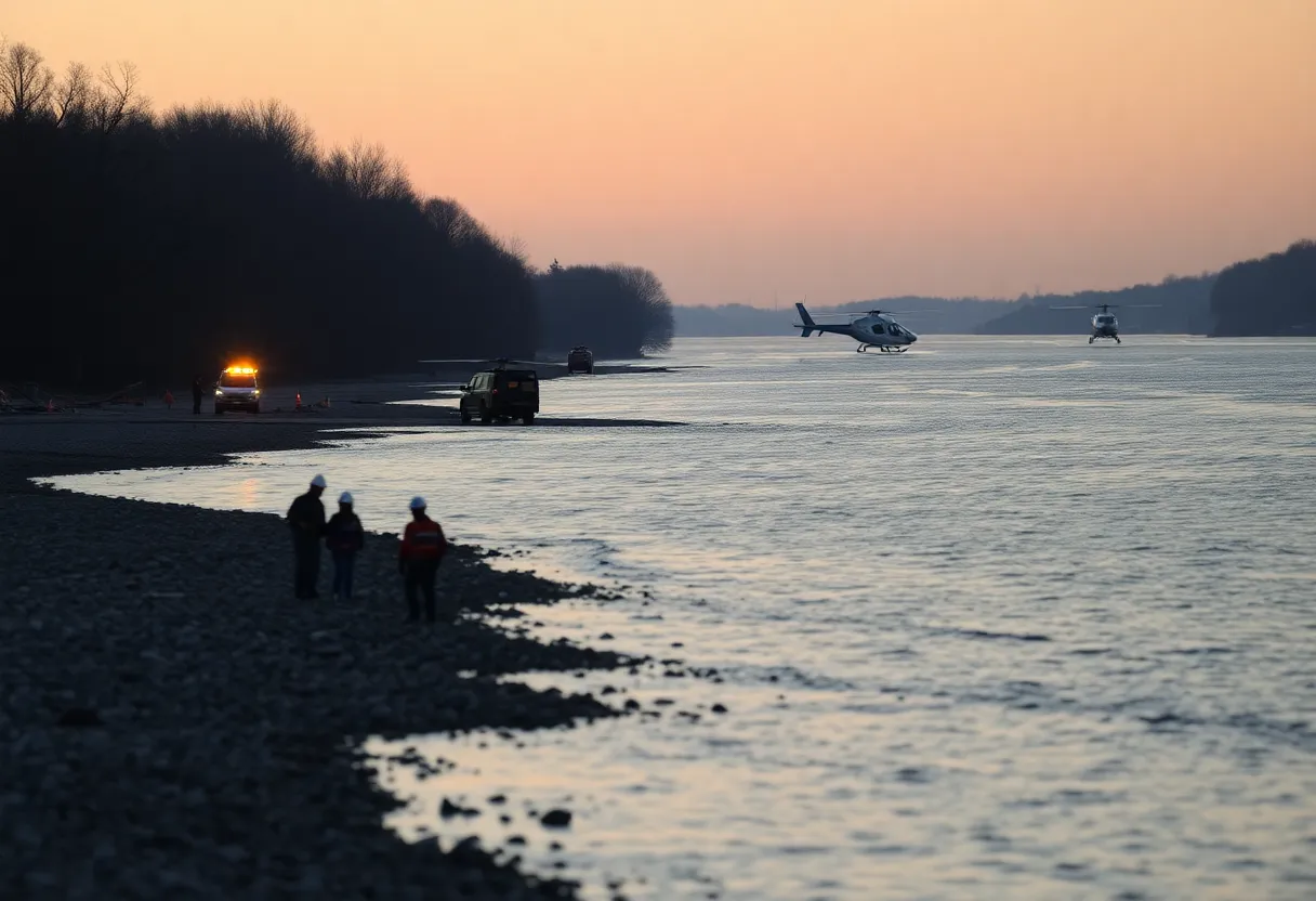 Emergency recovery teams working on the Potomac River after a plane and helicopter collision.