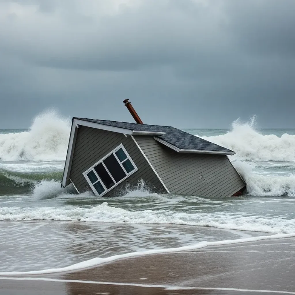 A beach house collapsing into the Atlantic Ocean during a storm.