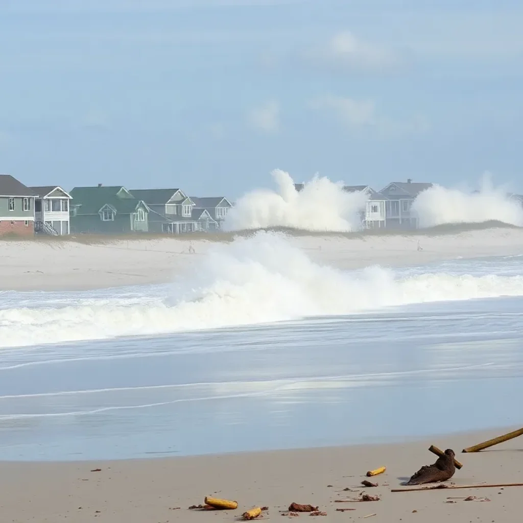 Image of storm damage along the beach in Rodanthe, North Carolina with collapsed homes and rough ocean waves.