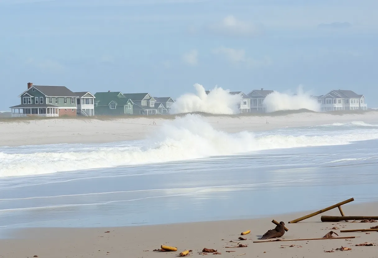 Image of storm damage along the beach in Rodanthe, North Carolina with collapsed homes and rough ocean waves.