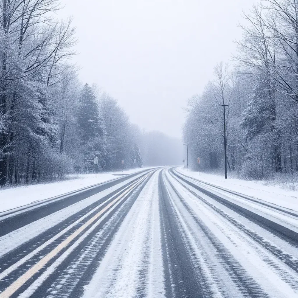 Snow-covered road during winter storm in North Carolina