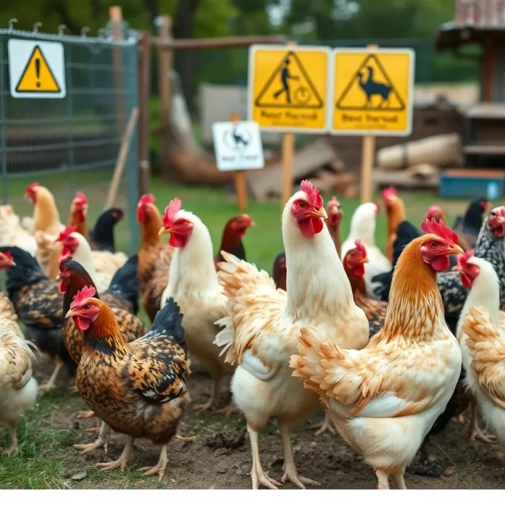 A healthy backyard flock of chickens with safety precautions signage