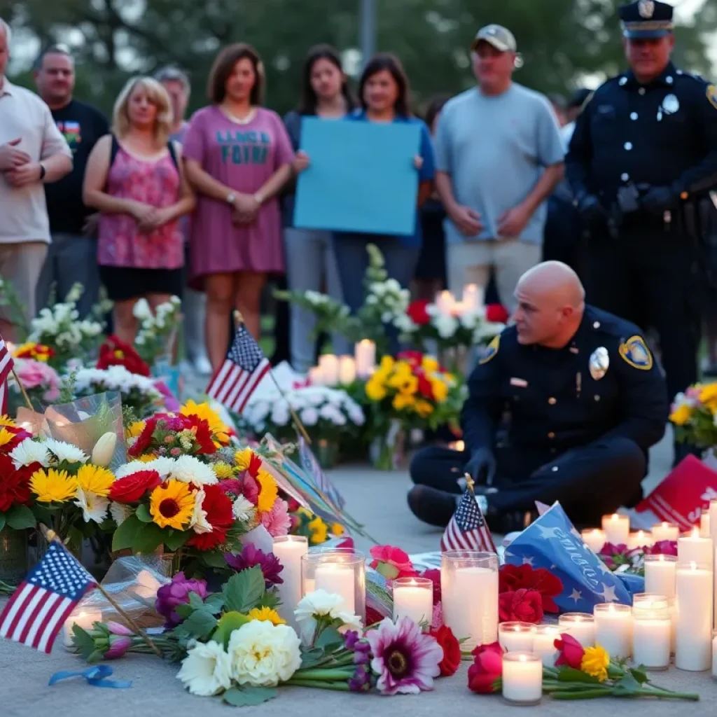 Community memorial for Virginia Beach police officers with flowers and candles.